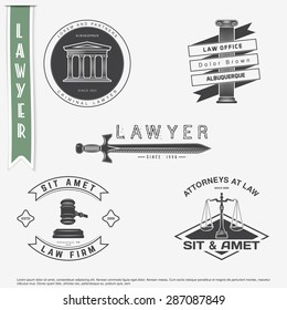 Lawyer services. Law office. The judge, the district attorney, the lawyer set of vintage labels. Scales of Justice. Typographic labels, stickers, logos and badges. Flat vector illustration