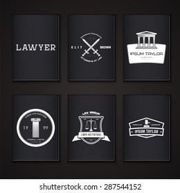Lawyer services. Law office. The judge, the district attorney, the lawyer set of vintage labels. Scales of Justice. Typographic labels, stickers, logos and badges. Flat vector illustration