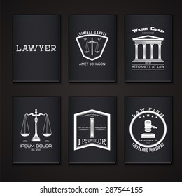 Lawyer services. Law office. The judge, the district attorney, the lawyer set of vintage labels. Scales of Justice. Typographic labels, stickers, logos and badges. Flat vector illustration