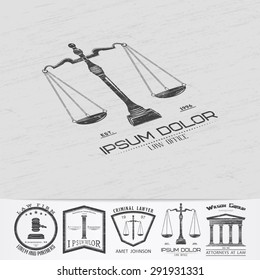 Lawyer services. Law office. The judge, the district attorney, the lawyer of vintage labels. Scales of Justice. Old retro vintage grunge. Typographic labels, stickers, logos and badges. 