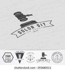 Lawyer services. Law office. The judge, the district attorney, the lawyer of vintage labels. Old retro vintage grunge. Typographic labels, stickers, logos and badges. Flat vector illustration