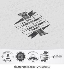 Lawyer services. Law office. The judge, the district attorney, the lawyer of vintage labels. Old retro vintage grunge. Typographic labels, stickers, logos and badges. Flat vector illustration