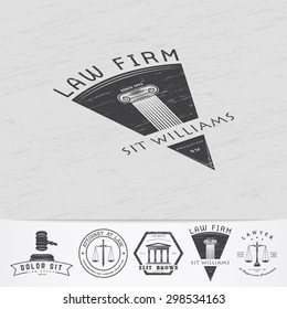 Lawyer services. Law office. The judge, the district attorney, the lawyer of vintage labels. Old retro vintage grunge. Typographic labels, stickers, logos and badges. Flat vector illustration
