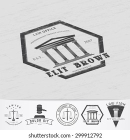 Lawyer services. Law office. The judge, the district attorney, the lawyer of vintage labels. Old retro vintage grunge. Typographic labels, stickers, logos and badges. Flat vector illustration