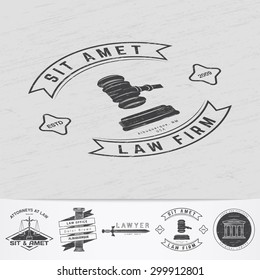 Lawyer services. Law office. The judge, the district attorney, the lawyer of vintage labels. Old retro vintage grunge. Typographic labels, stickers, logos and badges. Flat vector illustration