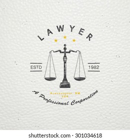 Lawyer services. Law office. The judge, the district attorney, the lawyer of vintage labels. Old retro vintage grunge. Typographic labels, stickers, logos and badges. Flat vector illustration