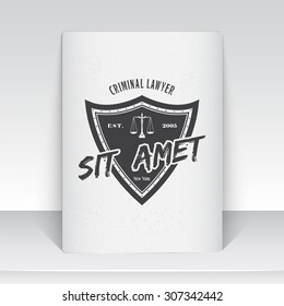 Lawyer services. Law office. The judge, the district attorney, the lawyer of vintage labels. Scales of Justice. Court of law symbol.  Sheet of white paper. Typographic label, sticker, logos and badges