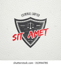 Lawyer services. Law office. The judge, the district attorney, the lawyer of vintage labels. Old retro vintage grunge. Typographic labels, stickers, logos and badges. Flat vector illustration