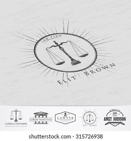 Lawyer services. Law office. The judge, the district attorney, the lawyer of vintage labels. Old retro vintage grunge. Typographic labels, stickers, logos and badges. Flat vector illustration