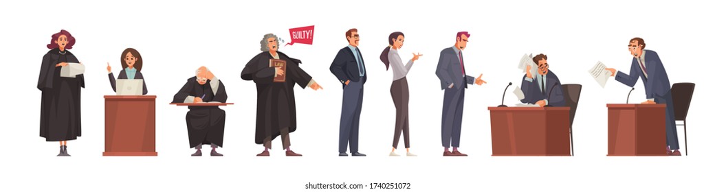 Lawyer set with isolated doodle style human characters of court session participants with attorneys and judges vector illustration