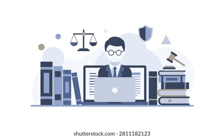 Lawyer sitting at a desk with a laptop surrounded by law books, a gavel, and a legal scale in an office setting.