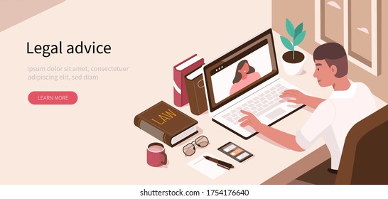 Lawyer sitting in Office and Consulting Client Online on Laptop. Signed Legal Contract and Legal Books lying on Table Desk. Law and Justice Concept. Flat Isometric Vector Illustration.