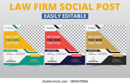Lawyer social media post digital marketing for law firms vector design set. Modern geometrical shapes composition attorney promo social layout & legal square template social media banners design.