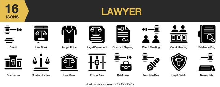 Lawyer solid icon set. Includes attorney, finance, document, contract, judge, gavel, and More. Solid icons vector collection.