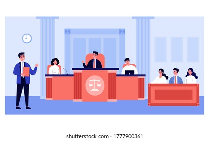 Lawyer speaking in front of judges and attorney in court isolated flat vector illustration. Cartoon men and women sitting in courtroom during trial. Judgment, justice and law concept