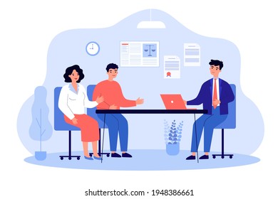 Lawyer Talking To Clients. Legal Worker Giving Advice To Couple, Financial Consultation Flat Vector Illustration. Communication, Legislation Concept For Banner, Website Design Or Landing Web Page