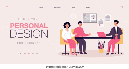 Lawyer talking to clients. Legal worker giving advice to couple, financial consultation flat vector illustration. Communication, legislation concept for banner, website design or landing web page