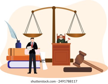 lawyer talking to magistrate in court, trial of law vector illustration, Court of Justice Trial	