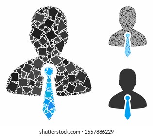 Lawyer tie mosaic of rough elements in various sizes and color tinges, based on lawyer tie icon. Vector ragged elements are composed into collage. Lawyer tie icons collage with dotted pattern.
