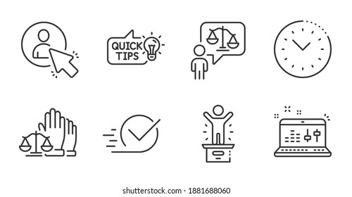 Lawyer, User and Time management line icons set. Checkbox, Education idea and Sound check signs. Winner podium, Court jury symbols. Court judge, Project manager, Office clock. Education set. Vector