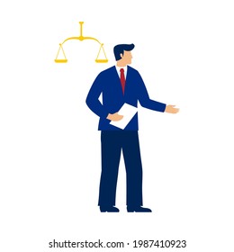 Lawyer Vector flat icon. Lawyer with scales symbol of justice and papers standing in a blue suit. Icon for game, application. Vector flat style, cartoon illustration.