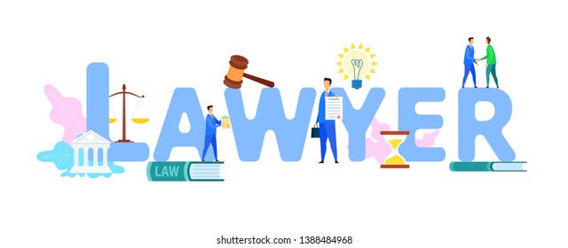 Anwalt Web Banner flache Vektorvorlage mit Text. Rechtsberater Firma, Corporate Rechtsanwaltskanzlei Poster. Law School, Kurs, Fakultät. Richterskala, Richter Gavel, Farbsymbole des Obersten Gerichtshofs