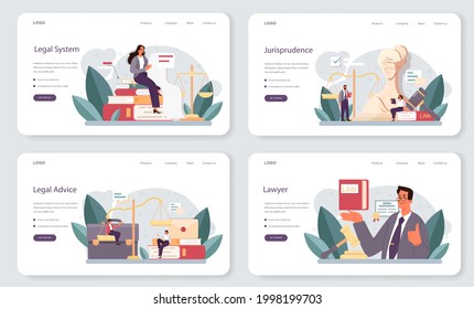 Lawyer web banner or landing page set. Law advisor or consultant, advocate defending a customer at the trial. Punishment and judgement idea. Settling document creation. Vector flat illustration