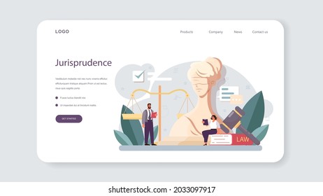 Lawyer web banner or landing page. Law advisor or consultant, advocate defending a customer at the trial. Punishment and judgement idea. Settling document creation. Vector flat illustration