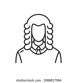Lawyer in wig isolated judge thin line icon Vector juridical authority person, judgment barrister or counsel portrait. Magistrate character, lawyer or legal service worker, outline arbitration judge