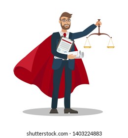 Lawyer Winning Case Cartoon Vector Illustration. Civil, Administrative Law University Department Tutor. Justice School Teacher Wearing Red Cape Flat Character. Successful Smiling Attorney