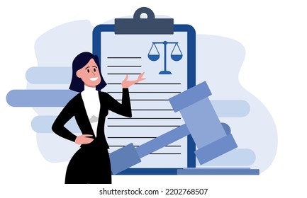 Lawyer working on judicial contract. Tiny woman standing with judges gavel and legal document flat vector illustration. Legislation, law concept for banner, website design or landing web page.