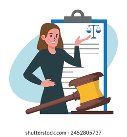 Lawyer working on judicial contract. Tiny woman standing with judges gavel and legal document flat vector illustration. Legislation, law concept for banner, website design or landing web page.
