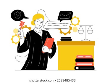 Lawyer at workplace. Woman in black mantle with book of laws. Judgement and justice. Agreement and legislation. Lawyer and notary. Legal support. Linear vector illustration