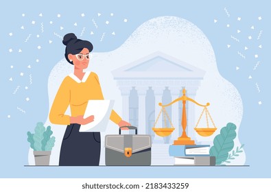 Lawyer at workplace. Woman with briefcase in front of courthouse and scales of justice. Jurisprudence and legislation. Attorney or notary, protection of business. Cartoon flat vector illustration