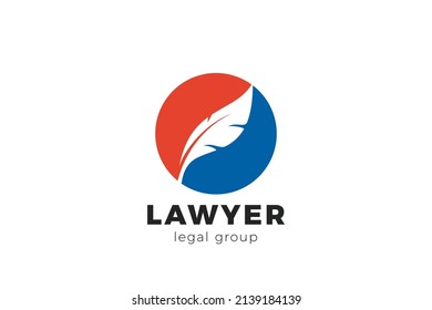 Lawyer Writer Logo Feather Quill symbol Circle shape vector design template Negative space style.