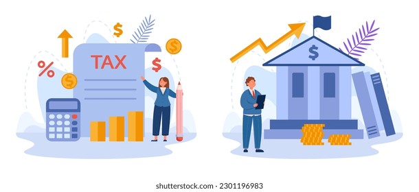 Lawyers analyzing public finances vector illustrations set. Cartoon drawings of male and female legal workers managing government taxes and spending. Finances, economy, taxation concept