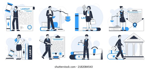 Lawyers characters, law firm workers and legal service. Professional lawyer, law, justice and punishment systems flat vector illustration set. Advocate legal service