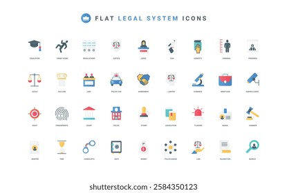 Lawyers and court judgment, legal authority, justice and law balance scales color icon set. gavel of judge and evidence in crime, contract and government stamp flat elements vector illustration