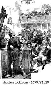 Lawyers, judge and victim in the court, victim looking in up direction at people standing in the court, vintage line drawing or engraving illustration