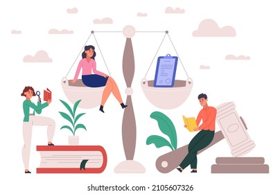 Lawyers, law firm workers justice scales metaphor concept. Legal lawyer service, equality, freedom and punishment balance vector illustration. Law and justice scene. Scales legal and justice