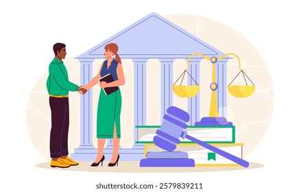 Lawyers near courthouse. Man and woman shake hands near courthouse and judges gavel. Justice and judgement. Legal support of deals. Notary and lawyer. Flat vector illustration