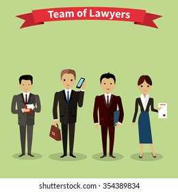 Lawyers Team People Group Flat Style. Law Firm, Attorney And Lawyer Office, Legal And Teamwork, Work Executive Manager, Partner Authority, Jurist Or Advocate Illustration