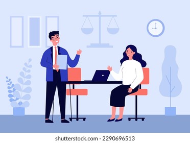 Lawyers working in office vector illustration. Male and female workers of lawyer firm discussing public finance, tax law, helping people. Law, government spending, taxation concept