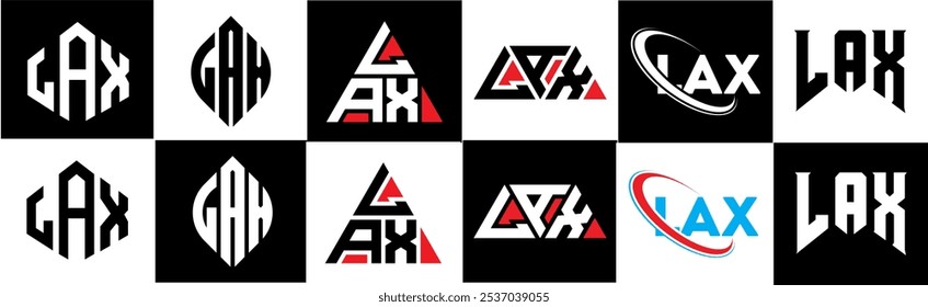 LAX letter logo design in six style. LAX polygon, circle, triangle, hexagon, flat and simple style with black and white color variation letter logo set in one artboard. LAX minimalist and classic logo