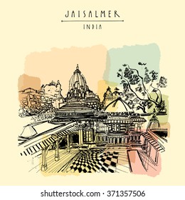 Laxmi Nath (Laxminath) Hindu temple in Jaisalmer, Rajasthan, India. Hand drawn illustration. Travel sketch. Poster, postcard template. Vector