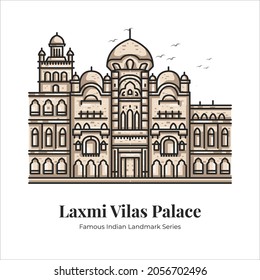 Laxmi Vilas Palace Indian Famous Iconic Landmark Cartoon Line Art Illustration