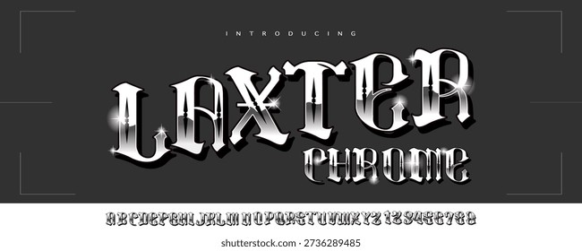Laxter Chrome Font is A bold serif display font inspired by Gangsta carved stone monuments with glossy chrome depth and strong sculptural details.