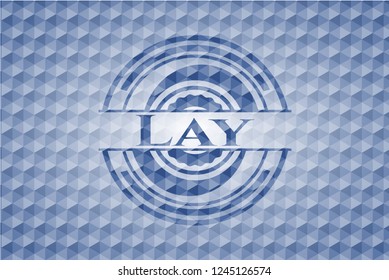 Lay blue emblem with geometric background.