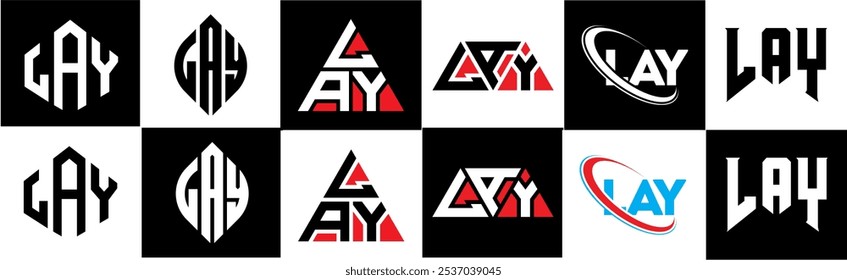 Diseño de logotipo de letra LAY en seis estilos. LAY polígono, círculo, triángulo, hexágono, estilo plano y simple con logo de letra de variación de color blanco y negro en una mesa de trabajo. LAY logo minimalista y clásico