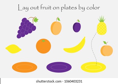 Lay out fruit in cartoon style on plates by color for children, preschool worksheet activity for kids, task for the development of logical thinking, vector illustration